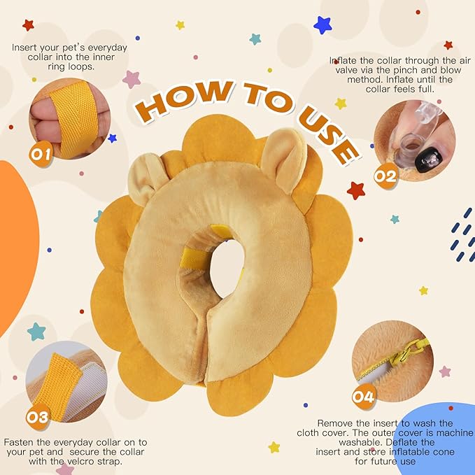 IEUUMLER Inflatable Recovery Dog Collar, Protective Donut Cone, Adjustable Soft Collar for Dog and Cat After Surgery Prevent from Biting & Scratching EU002 - Brown Lion M+