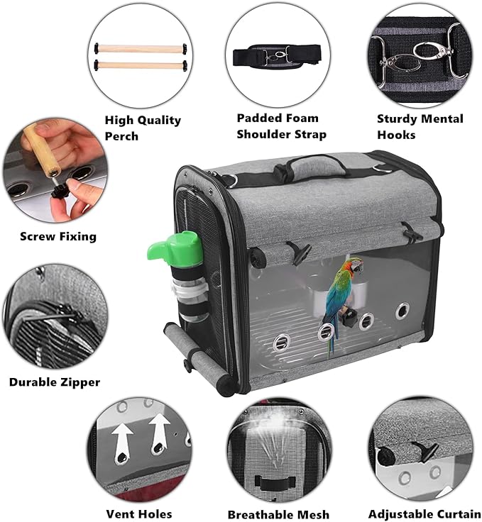 SUERTREE Bird Carrier Bag with Stand, Lightweight Backpack for Parrot, Portable Cockatiel Travel Cage with Accessories, Pet Transparent Breathable Carrier