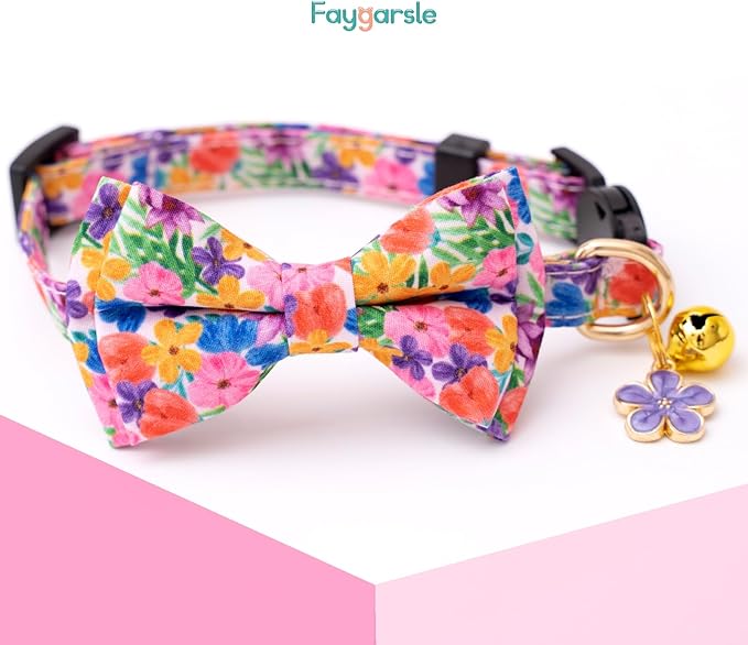 Faygarsle 2 Pack Cat Collar with Bell Breakaway Bowtie for Male Female Cats Pink Purple Flower Floral Spring Summer Cat Collar for Boy Girl Cats