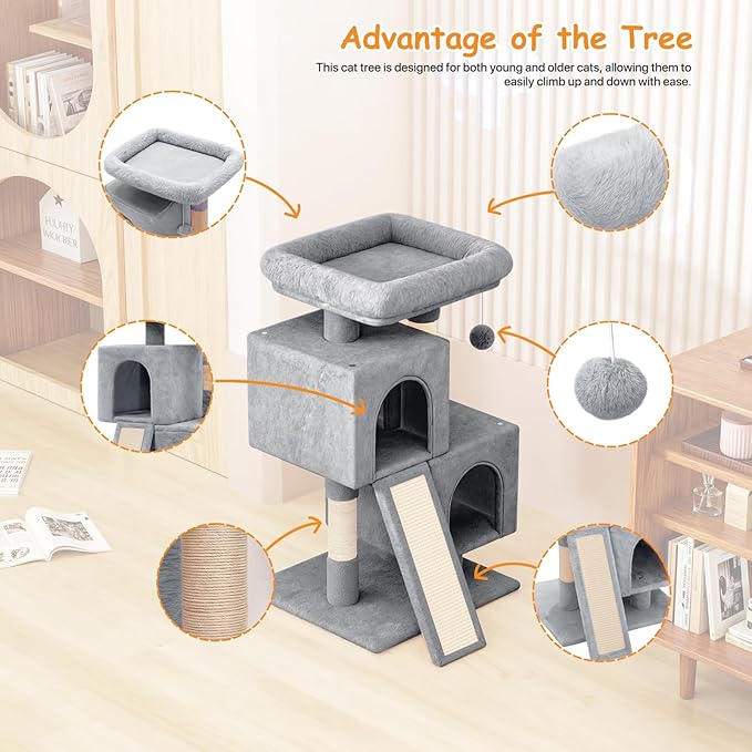34'' Small Cat Tree with 2 Condos, Sisal Scratching Posts & Board, Multi-Level Climbing Tower for Indoor Cats, Sturdy Light Grey Cat Activity Center - Light Gray