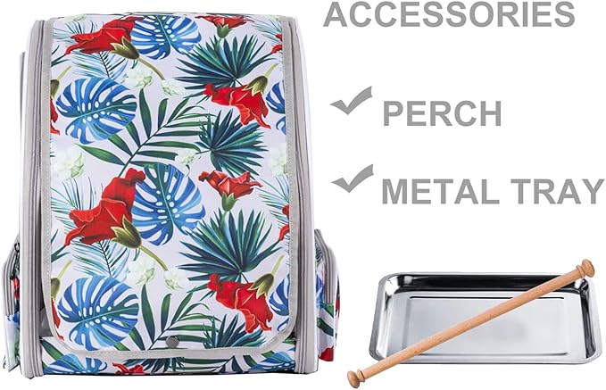 Bird Travel Carrier Backpack with Wooden Stand Perch, Small to Medium Bag to Carry Parrot Parakeet Conure Cockatiel (Multi-Colored, Bird Backpack)