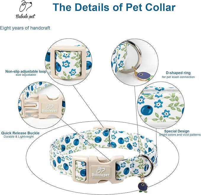 Spring/Summer Dog Collar for Small Dogs - Fresh Blueberry Girl Boy Dog Collars, Soft Lightweight Puppy Collar, Breathable Adjustable Male Female Fruit Floral Dogs Collars XS