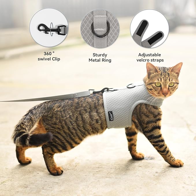 Cat Harness and Leash for Walking Escape Proof Breathable Mesh Fabric, Solid Grey, Large, Adjustable Cat Walking Jackets, Padded Stylish Cat Vest