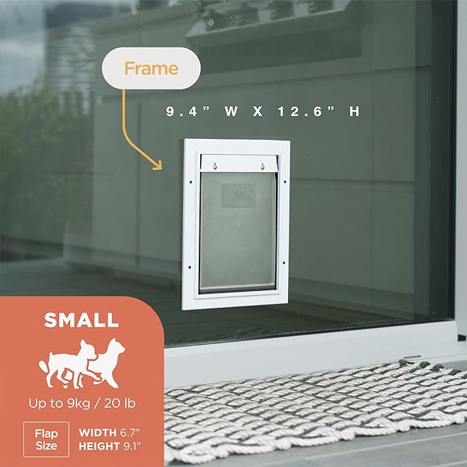 Hakuna Pets Deluxe Aluminum Pet, Cat and Dog Door with 2-Way Locking Panel for Screens, Doors and Walls up to 2.8" Thick, Small, White