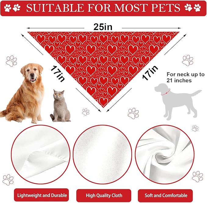 Valentines Dog Bandanas, Heart Red White Heart Dog Scarf, Mother's Day Dog Bandana for Medium Large Dogs Pets