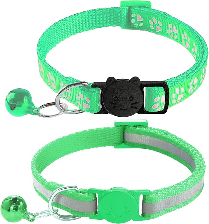 2 Pack Cat Collars - Reflective, Breakaway Design with Bells, Adjustable from 7.5 to 12.5 Inches, Ideal Kitten Collar for Both Girls & Boys (Light Green)