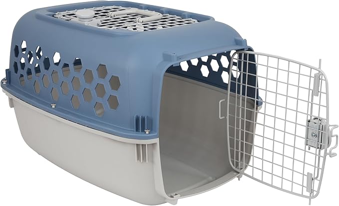24" Pet Kennel Carrier for Small Dogs & Cats - Portable & Travel-Ready Two-Door (Top/Front Loading), Durable Blue Plastic