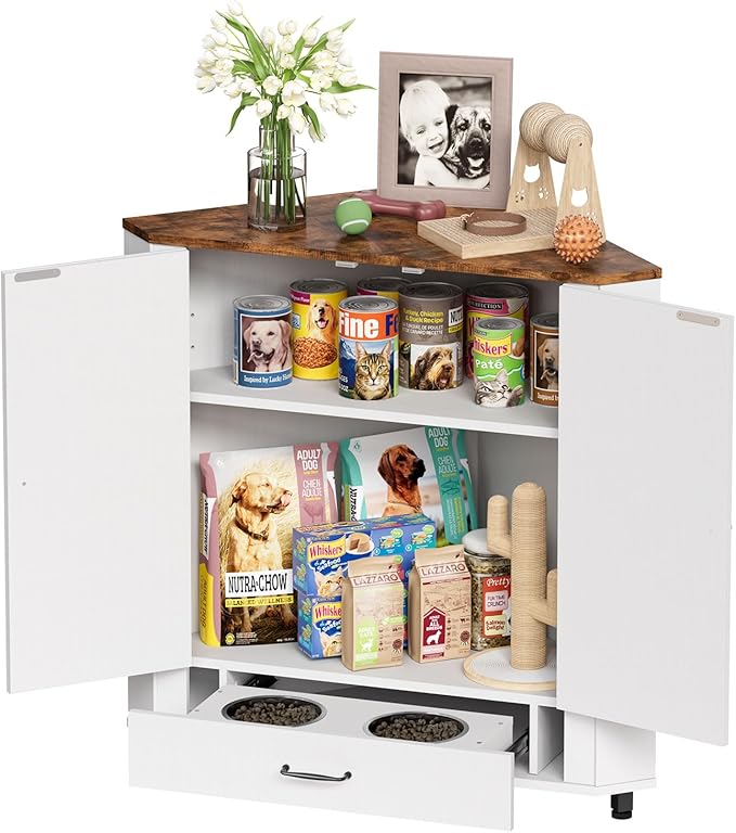 PakaLife Farmhouse Dog Food Storage Corner Cabinet, Dog Feeding Station with 2 Hidden Bowls, Adjustable Panel, 4 Hooks, Pet Feeding Station Corner Cabinet for Medium, Small Sized Dogs