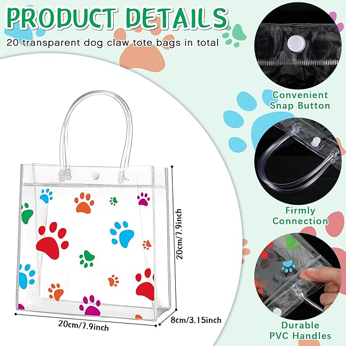 Teling 20 Packs Dog Paw Clear PVC Gift Bags with Handle Reusable Plastic Wrap Tote Bags Transparent for Puppy Pet Treat Party Favor Birthday Wedding Party, 8 x 8 x 3.15 Inch(Colorful)