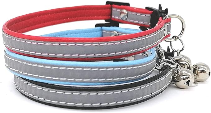 KUDES 3 PCS Breakaway Cat Leather Collars, Reflective Safety Buckle Kitten Collar with Bell for Cat Kitty and Small Animals, Adjustable from 7.5in-12.5in (3 Colors)