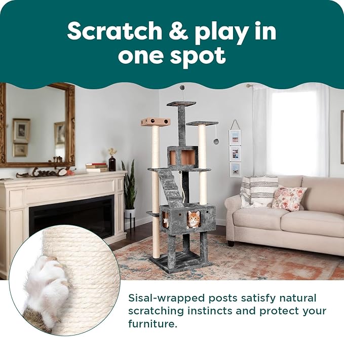 FurHaven 69.3" Tall Cat Scratching Post Tower for Indoor Cats, Sisal Cat Tree with 2 Condos, Tiger Tough Double Decker Playground, Toys & Perches for Cats, Sisal, Silver Gray