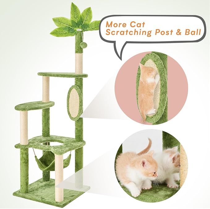 Cat Tree for Indoor Cats, 55 Inch Cat Tower with Rotating Scratching Board, 4 Sisal Posts & Leaf Top Design, Modern Cat Furniture for Multiple Cats (No House), Green