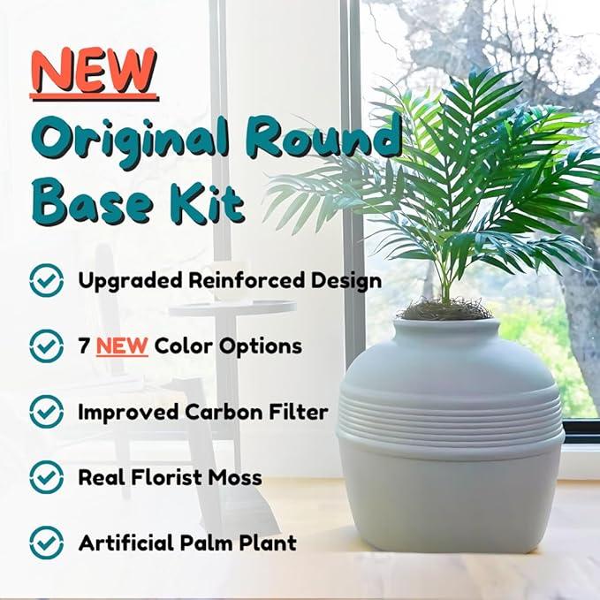 Good Pet Stuff Hidden Litter Box Planter, Decorative Cat Litter Enclosure with Carbon Filter, Artificial Plant, Easy Clean, Improved Design, Round Style, Base Kit, Pebble Gray