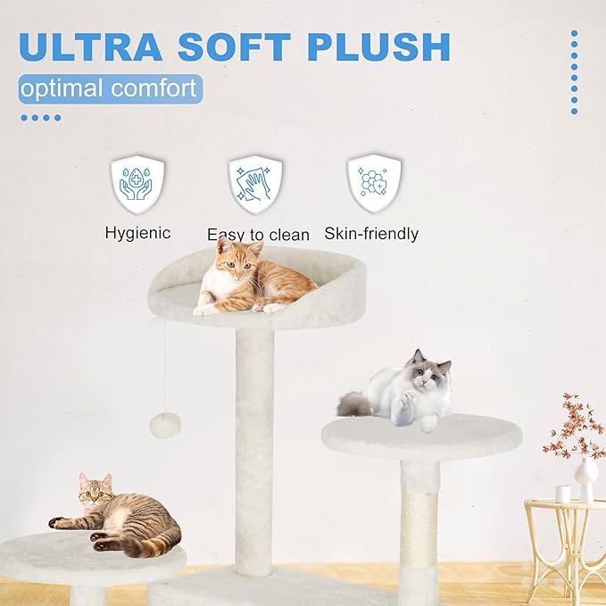 FDW | 81" Cat Tree Tower | Beige | Multi-Level Indoor Activity Center with Sisal Scratching Posts, Condos, Plush Perches, Hanging Cat Toys | Sturdy, Easy to Assemble | for Kittens & Adult Cats
