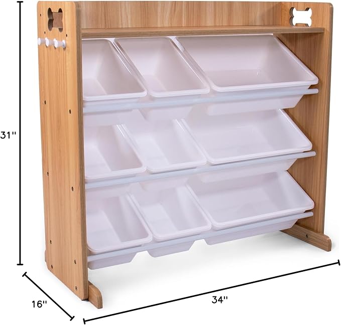 Humble Crew Aspen Pet Supplies Organizer with Shelf and 9 Storage Bins – Natural Wood Frame with White Bins, Hooks & Bone Cutout Handles for Dogs, Cats & Small Pets