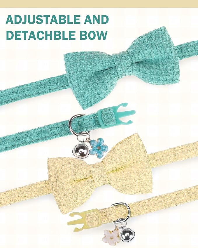 Cat Collar Breakaway with Bells, Soft Cotton Cat Bowtie Collar for Girl Boy Cats, Small Cats Collar with Bow for Spring Summer, 2 Pack Cute Kitten Collars with Removable Bowtie 8-12Inch