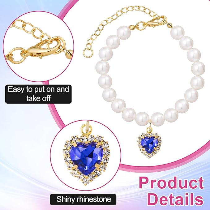 2pcs Cat Dog Pearl Collar, Small Heart Shape Rhinestone Pet Necklace, Adjustable Wedding Party Pet Jewelry Accessories for Puppy Small Cats- Blue & Green