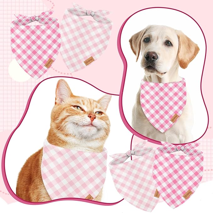 2Pcs Pink Plaid Dog Bandanas Valentine's Triangle Pet Scarf Adjustable Puppy Neckerchief Dog Bib for Medium Large Cat Costume Accessories