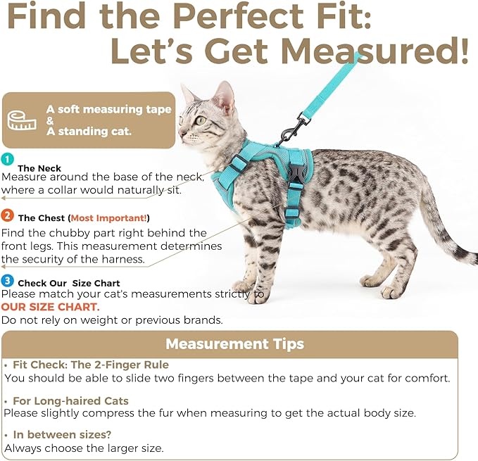 Cat Harness and Leash Set Escape Proof Tactical Extra Large Kitten Harness Emotional Support Cat Vest, Turquoise, XL