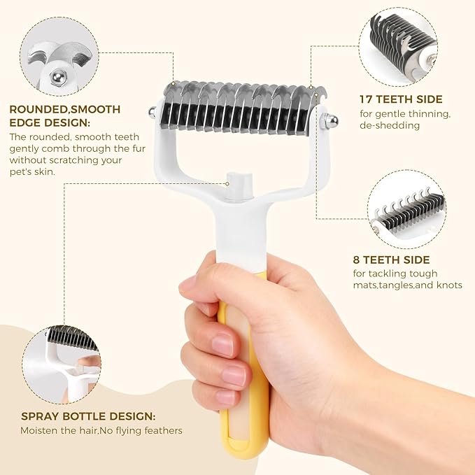 Undercoat Rake for Dogs & Cats, Double-Sided Deshedding Dematting Tool with Spray Bottle, Extra-Wide Dog Brush for Shedding, Reduce Flying Hair, Effectively Remove Tangles, Knots and Mats