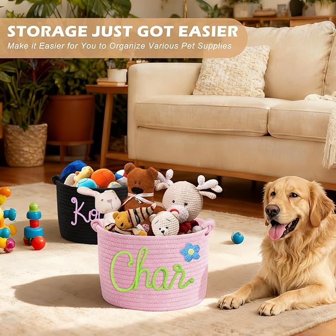 Personalized Dog Toy Storage Basket Custom Cotton Woven Bin with Pet's Name Rope Storage Organizer for Dog's Toys Clothing Blankets