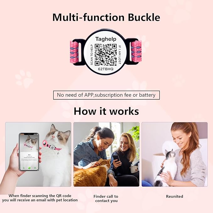 2-Pack Reflective-Breakaway Cat Collars with Bells with QR Code Name Tag, Cat ID Tag Personalized,Smart ID tag Cat Collar,Ideal for Girl Cats Male Cats Kittens Puppies (Black&Pink,NO airtag Holder)