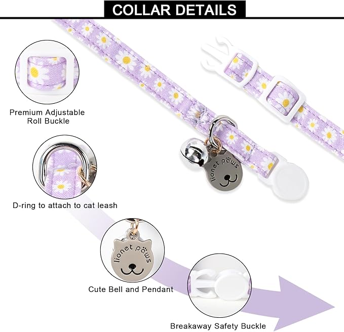 Lionet Paws 2pcs Pack Cotton Cat Collar,Breakaway Buckle with Daisy Pattern and Brand Pendant Cute Adjustable Cat Kitten Collar,Ideal for Girl Cats Boy Cats