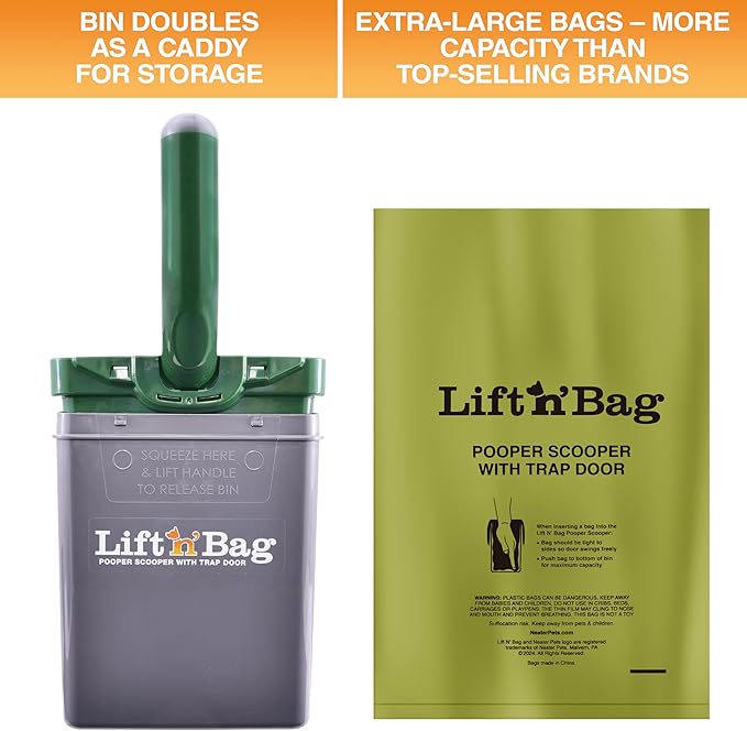 Neater Pet Brands Lift N’ Bag 2.0 Dog Pooper Scooper with Bag Attachment for Small to Large Dogs, New & Improved Design, 60 Refill Bags, Heavy Duty Dog Poop Scooper for Yard & Walks, One-Hand Use