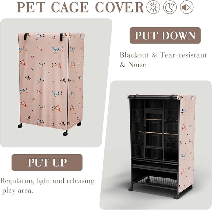 Tchvt Nighttime Bird Cage Covers with Zipper Panel Blackout Birdcage for Winter Universal Breathable Large Good Night Enclosure for Bird (Bird Designs, 26x19x40 inch)