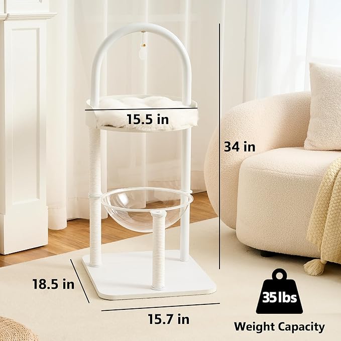Modern Cat Tree Tower for Indoor Cats up to 12lbs, 34" H Furniture-Style Metal Cat Tower with Scratching Posts, Wood Cat Bed with Soft Plush Cushion Washable, Acrylic Capsule, Soft White