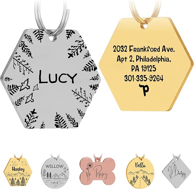 PawFurEver Dog Tag Personalized Pet Name | Customized Dog Tags Engraved Front & Back - Stainless Steel, Dark Etching Pet ID Tag Dog Tags Made in USA (Hexagon, Silver)