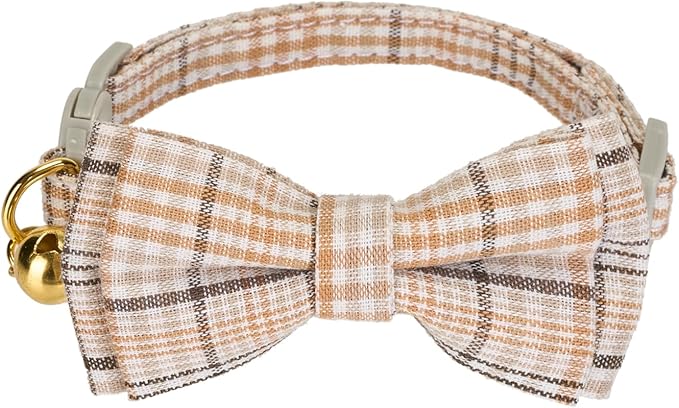 2 Pack Cotton Cat Collar, Removable Bowtie, Plaid Pattern, Safety Breakaway Clasp, Adjustable for Cats.(Adult Cat, Beige and Red)