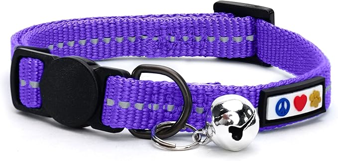 Pawtitas Recycled Purple Reflective Cat Collar – Eco-Friendly Breakaway Safety Buckle, Adjustable Kitten & Adult Collar with Removable Bell and High-Visibility Strap