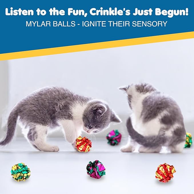 SunGrow Cat Crinkle Balls, Shiny, Mylar Crinkler, Stress-Relief Toy for Kittens, Interactive & Engaging, Keeps Grown-up Cats Active, Encourages Multi-cat Play, Provides Endless Entertainment, 6 Pcs