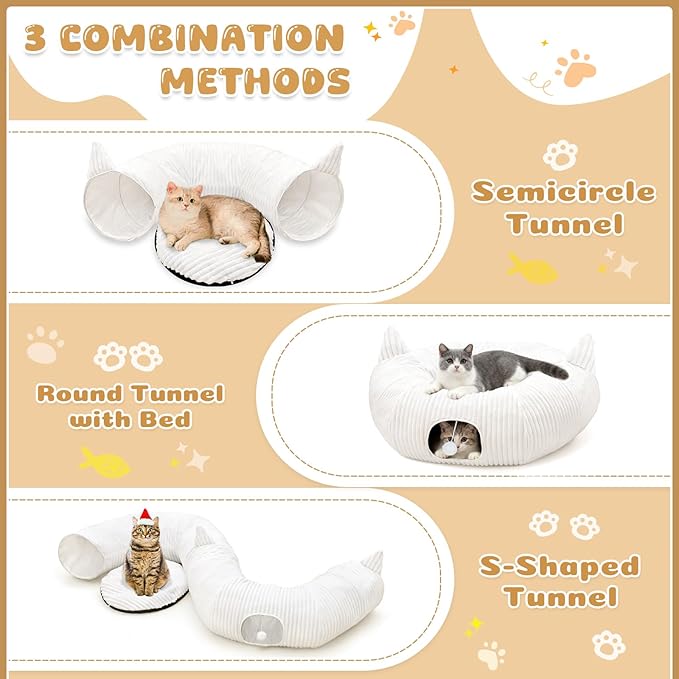 OurWarm White Plush Cat Tunnel Bed Under Christmas Tree, 95cm Large Cat Tunnel Tree Skirt Xmas Decor with 11 Cat Toys, Cozy Holiday Play & Hideaway for Cats, Soft Indoor Cat Activity Center