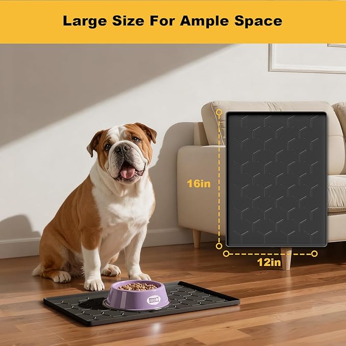 Pieviev 16''x12'' Dog Cat Food Bowl Mat, Silicone Waterproof Food Grade Pet Food Mat for Floor, High Raised Edge to Prevent Spills, Non-Slip & Easy Clean Pet Placemat for Dog & Cat Bowls, Black