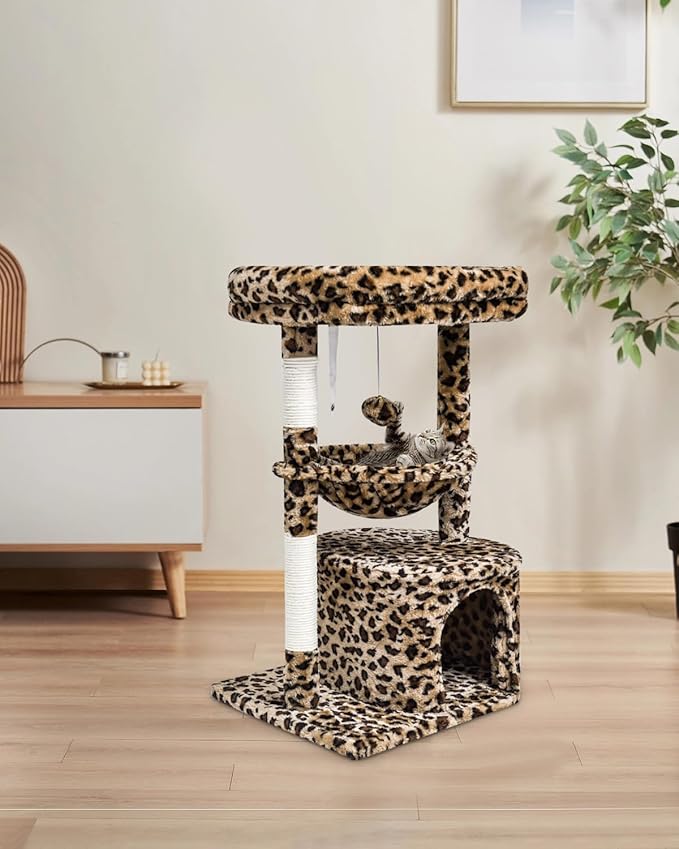 SYANDLVY Small Leopard Print Cat Tree for Indoor Cats, Cat Tower with Scratching Post, Modern Cat House with Padded Perch, Kittens Condo with Cradle, Cat Cave