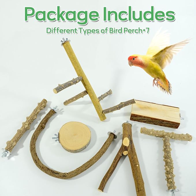 7PCS Natural Wood Bird Perches for Cage, Bird Parrot Parakeet Perch Stand, Bird Parakeet Cage Accessories, for Cockatiels Conure Budgies Small and Medium Parrots