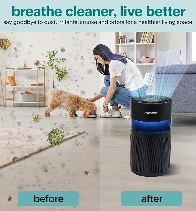 SereneLife Portable Air Purifier - Small Air Purifier with Aroma Box & Ambient Light, High Filtration Efficiency, 2-Speed, Timer & Sleep Mode, Filter Change Reminder, 6 x 6 x 12 in. (Black)