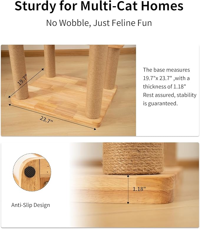 74" Wooden Cat Tree Tower for Large Cats, Multi-Level Cat Climbing Furniture with Scratching Posts, Cat Condo & Hammock, Natural Wood Cat Activity Center(Brown)