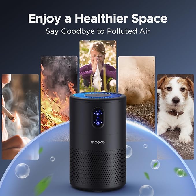 MOOKA Air Purifiers for Home Large Room up to 1076 ft², H13 True HEPA Air Filter Cleaner, Odor Eliminator, Remove Smoke Dust Pollen Pet Dander, Night Light, B-D02L Black