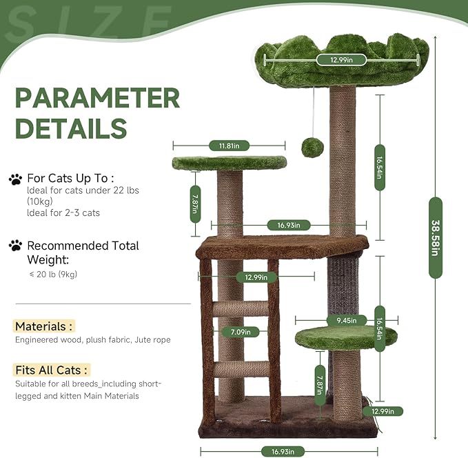 Cat Tree, 37.4-Inch Cat Tower with Plush Cozy Perch for Indoor Cats, Sturdy Tower with Fully Sisal-Wrapped Columns and Plush Toy Ball for Kitty Play, Green