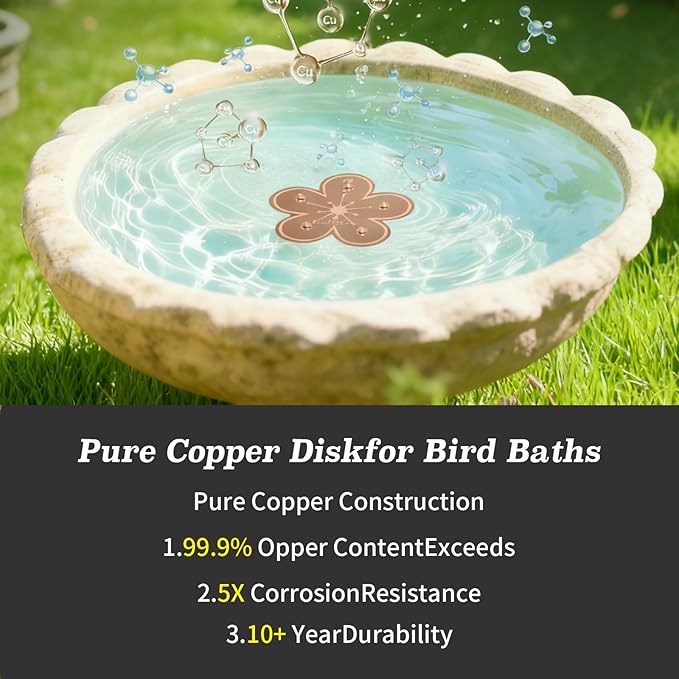 Bird Bath Copper Disk, 99.9% Pure Copper Disk, 5-Point Support, Solar Fountain Compatible, All-Season Safe Cleaner for Copper Plate/Disc, Garden/Yard/Patio Bird Lovers