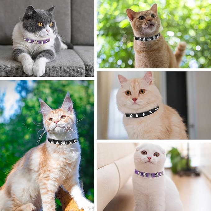 EXPAWLORER Leather Cat Collar for Girl Boy- Adjustable Pet Collar with Safety Elastic Belt,Personalized Punk Accessories Buckle Collars with Bell & Durable D-Ring, Rivet(Purple)