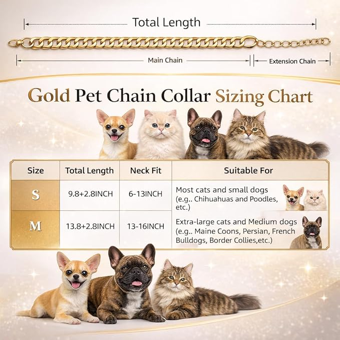 Gold Cat Chain Collar,Adjustable Cuban Link Necklace for Cats, Lightweight & Durable Metal Pet Gift, Stylish Decorative Accessory (Gold, M)