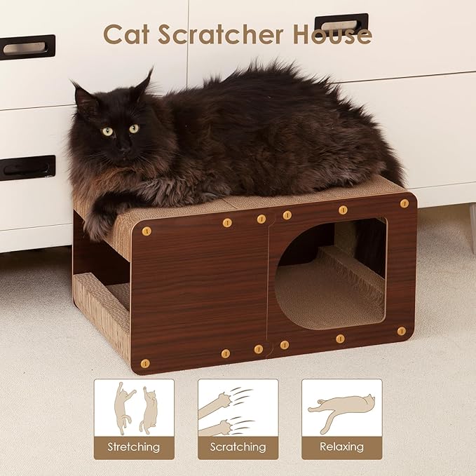 EHEYCIGA Cardboard Cat Scratcher House, 20-Inch Corrugated Cat Scratcher for Indoor Cats, Large Scratching Board Pad, Dark Brown