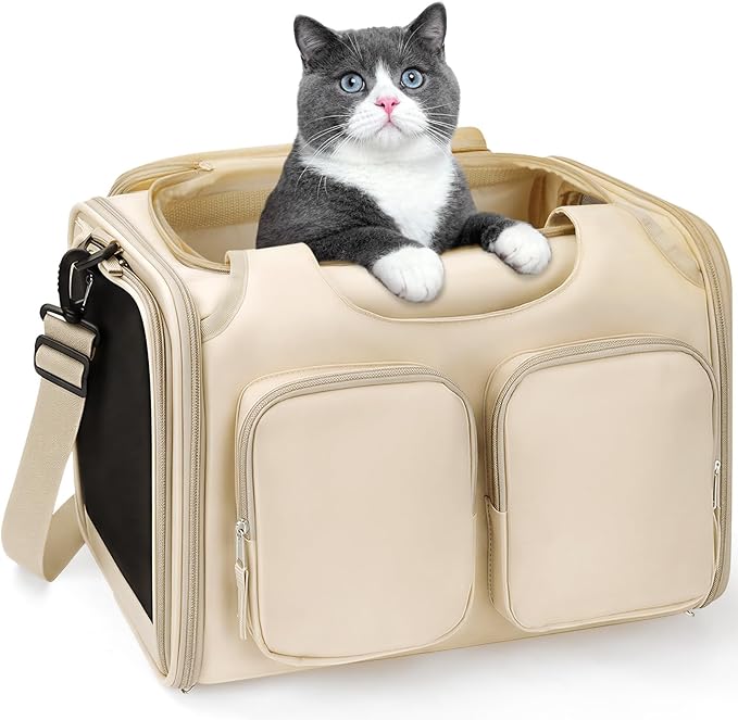 Dog, Cat Carrier for Pets Up to 15 Lbs, Airline Approved Collapsible Soft-Sided Pet Travel Bag with Locking Zippers, Breathable Mesh and 4 Large Pockets, Removable Fleece Pad (Beige)