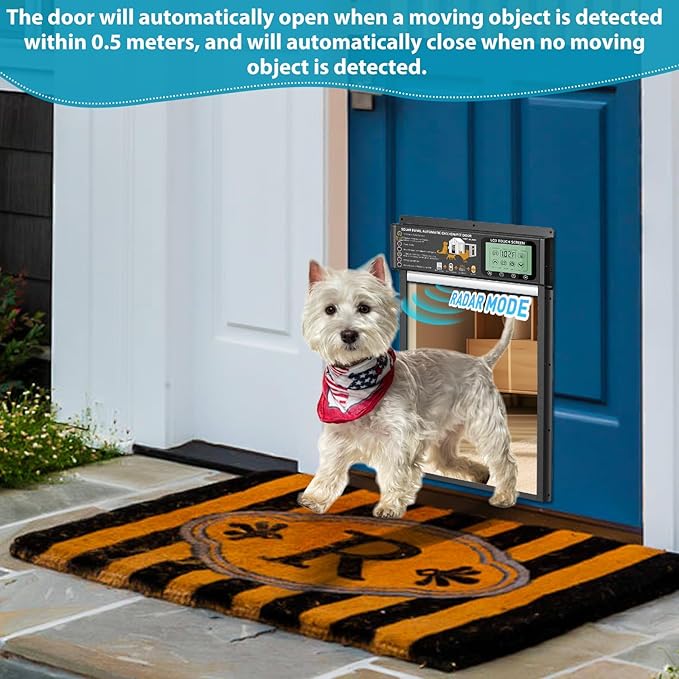 Automatic Pet Door, Dog Door Radar, Timer & Light Sensor Modes, Solar & USB Rechargeable Doggy Door, Durable Aluminum, Weatherproof, 10"×13", 24/7 Operation for Small Pets Up to 45 lb (White)