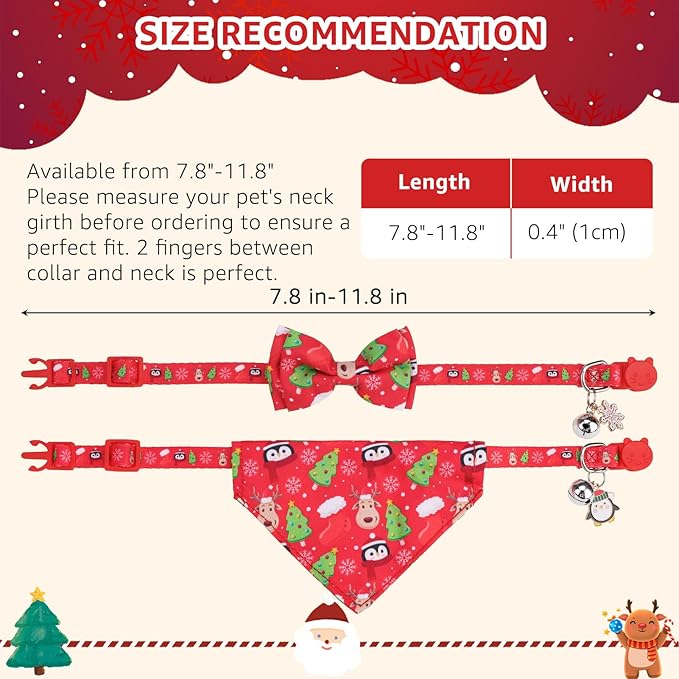 SCENEREAL Christmas Cat Bandana Collar with Bell Bowtie - 2 Pack Breakaway Kitten Collars, Adjustable Cute Pet Accessories for Cats and Small Dogs