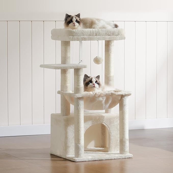 Heybly Cat Tree, Kitten Tower with Large Soft Cat Basket, Cat Condo with Spacious Cat Bed Cave with Hidden Space, Sisal-Covered Scratching Posts, Dangling Ball for Indoor Cats, Beige HCT008SM